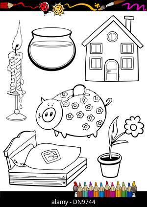 cartoon home objects coloring page Stock Vector