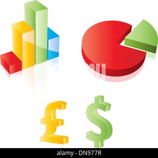 3D Vector chart, pie, dollar and pound sterling signs. Web 2.0 s Stock Vector
