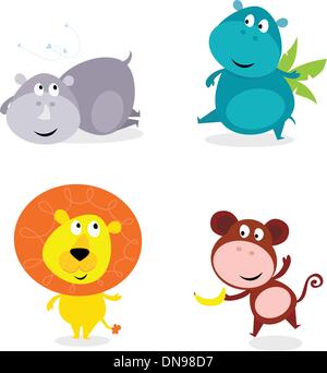 Cute safari animals set - hippo, rhino, lion and monkey Stock Vector