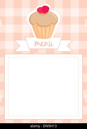 Vector restaurant menu wedding card list or baby shower invitation sweet toffee and strawberries cupcake on pink vintage Stock Vector