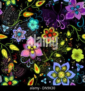 Black seamless floral pattern with transparent butterflies Stock Vector