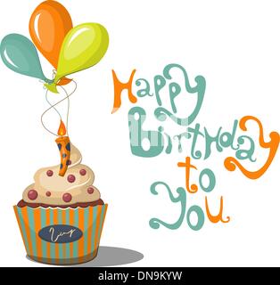 happy birthday card with cartoon cupcake icon and balloons decorations