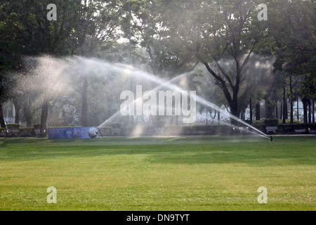 Lawn watering in Morning at Park. Stock Photo