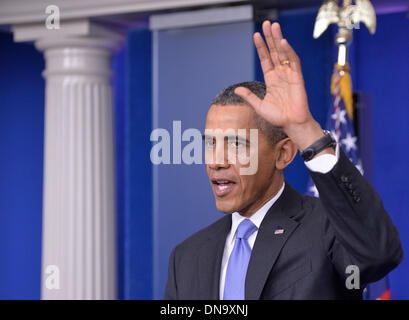 Washington DC, USA. 20th Dec, 2013. U.S. President Barack Obama hosts the year-end press conference in the Brady Briefing Room of the White House in Washington DC, capital of the United States, Dec. 20, 2013. Credit:  Zhang Jun/Xinhua/Alamy Live News Stock Photo