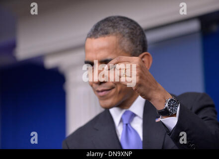 Washington DC, USA. 20th Dec, 2013. U.S. President Barack Obama hosts the year-end press conference in the Brady Briefing Room of the White House in Washington DC, capital of the United States, Dec. 20, 2013. Credit:  Zhang Jun/Xinhua/Alamy Live News Stock Photo