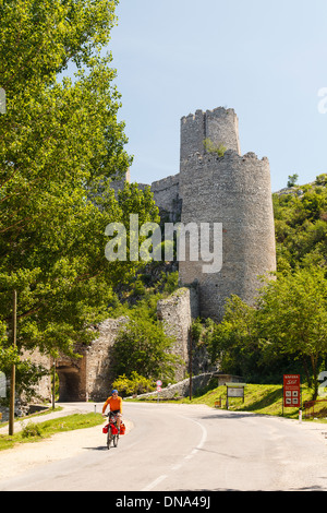 Biker in Gobulac fortress, Iron Gates gorges, Danube river, Serbia, Europe Stock Photo