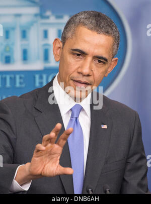 Washington, DC, USA. 20th Dec 2013. Health care reform, the NSA, immigration reform, and the Iran nuclear deal. 20th Dec, 2013. United States President Barack Obama conducts his final press conference of 2013 in Brady Press Briefing Room of the White House in Washington, DC on Friday, December 20, 2013. He took questions on Health care reform, the NSA, immigration reform, and the Iran nuclear deal. Photo: Ron Sachs/CNP/dpa/Alamy Live News Credit:  dpa picture alliance/Alamy Live News Stock Photo