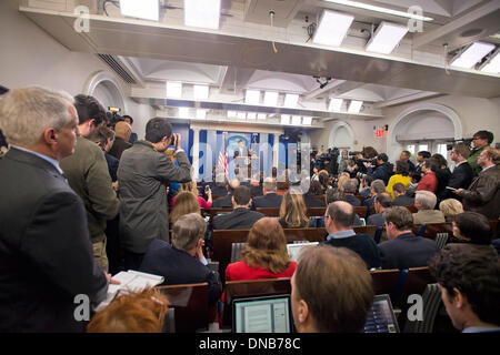 Washington, DC, USA. 20th Dec 2013. Health care reform, the NSA, immigration reform, and the Iran nuclear deal. 20th Dec, 2013. United States President Barack Obama conducts his final press conference of 2013 in Brady Press Briefing Room of the White House in Washington, DC on Friday, December 20, 2013. He took questions on Health care reform, the NSA, immigration reform, and the Iran nuclear deal.  Credit:  dpa picture alliance/Alamy Live News Stock Photo