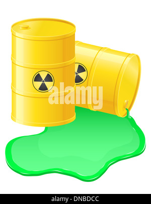 yellow barrels spilled radioactive waste illustration isolated on white background Stock Photo