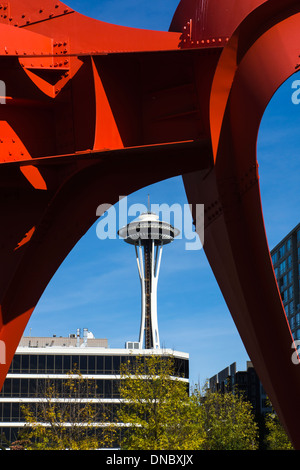 Space Needle seen from underneath 'Eagle' sculpture by Alexander Calder. Olympic Sculpture Park, Seattle, WA, USA. Stock Photo