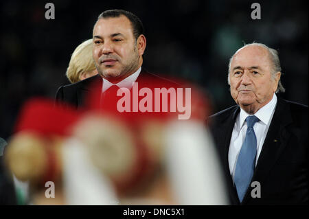 Marrakesh, Morocco. 21st Dec, 2013. King Mohammed (L) VI of Morocco and FIFA president Joseph Sepp Blatter attend the ceremony after FC Bayern Munich won the FIFA Club World Cup final soccer match 2-0 against Raja Casablanca in Marrakesh, Morocco, 21 December 2013. Photo: David Ebener/dpa/Alamy Live News Stock Photo