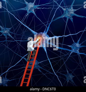 Brain doctor on a red ladder examining the neurons of a human head trying to heal memory loss or damaged cells due to dementia and other neurological diseases as a mental health metaphor for medical research hope.