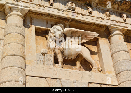 Detail from Land Gate (Kopnena vrata) with the Venetian  winged lion over gate which once servied as the main entrance to the city of Zadar, Croatia Stock Photo