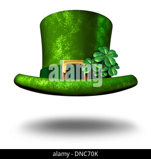 Green shamrock lucky top hat as a St Patricks day symbol and luck icon of Irish tradition celebration with magical four leaf clover decoration on a leprechaun cap floating in the air on a white background. Stock Photo