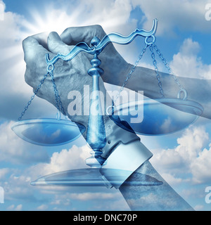 Health care justice concept with the clenched hands of an elderly hospital patient wearing arm wrist tags with the scales of equality for patients rights on a blue sky as a symbol of medical law in regards to abuse and neglect. Stock Photo