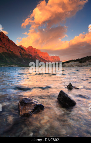 Sunrise over Saint Mary Lake in Glacier National Park in Montana Stock Photo