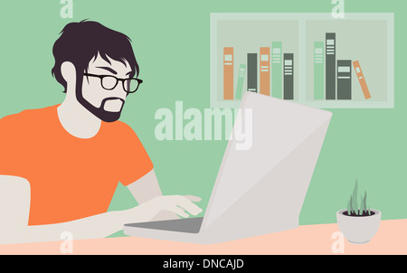 Flat design modern illustration lifestyle concept of handsome man in casual t-shirt sitting at the desk and working on laptop Stock Photo