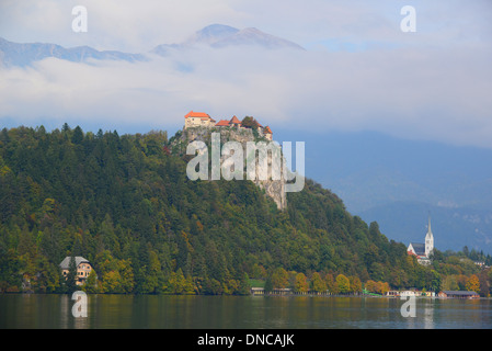 The 11th-century Bled Castle on a cliff overlooking the glacial Lake Bled, Bled ,a Slovenian resort town, Slovenia