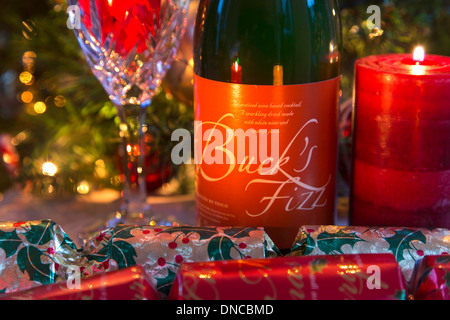 A bottle of Buck's Fizz on a festive table, England, UK Stock Photo