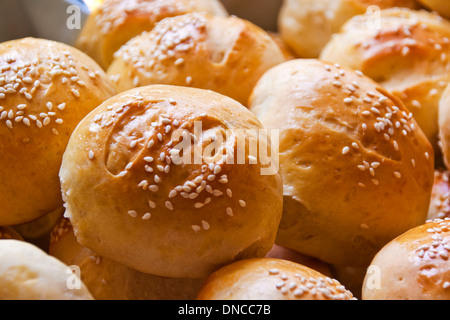 sesame seed covered bread rolls ready for eating Stock Photo