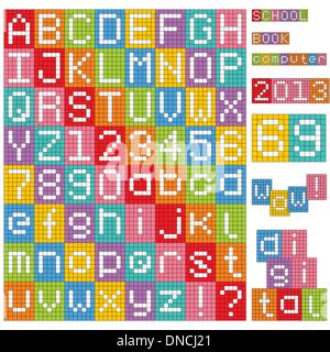 Pixel alphabet. Set of all letters and numbers. Stock Vector