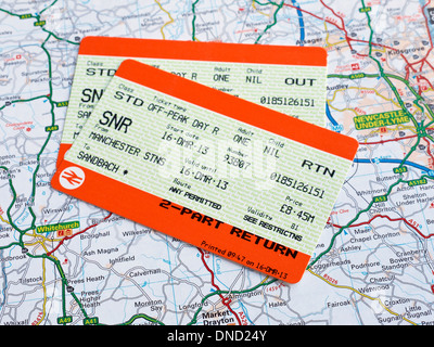British rail or train tickets on map UK Stock Photo