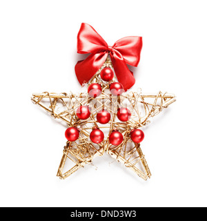 Christmas decoration with red baubles as christmas tree, ribbon bow and gold wooden star on white background