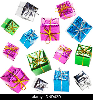 Flying colorful gift boxes collection isolated on white background Stock Photo