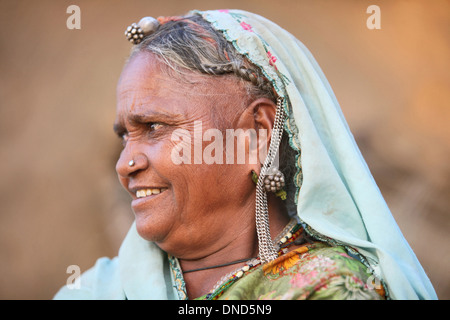 Close-up of tribal woman wearing ornaments, Madhya Pradesh, India. Bhil tribe. Stock Photo