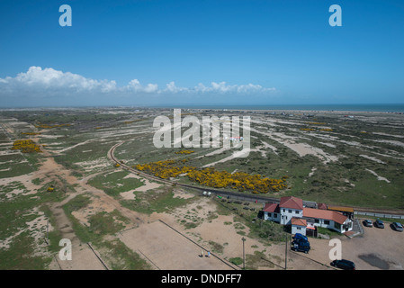 View over Dungeness, Kent, England from lighthouse, showing Romney, Hythe and Dymchurch steam railway station. Stock Photo