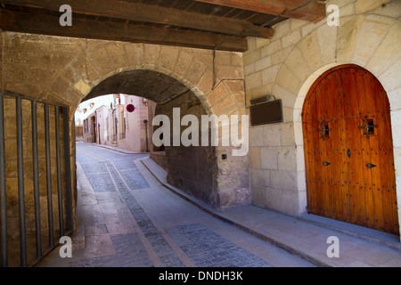 Mora de Rubielos masonry arches in Teruel Aragon stonewall village Maestrazgo Spain Stock Photo