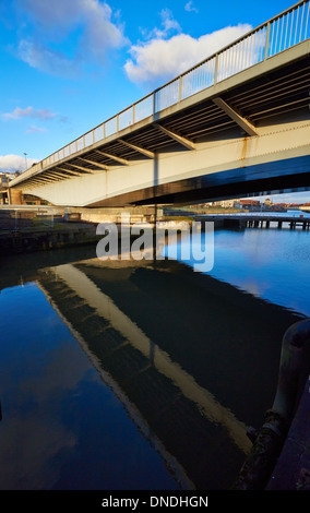 Cumberland Basin rotating swing bridge reflected in Bristol Floating Harbour UK Stock Photo