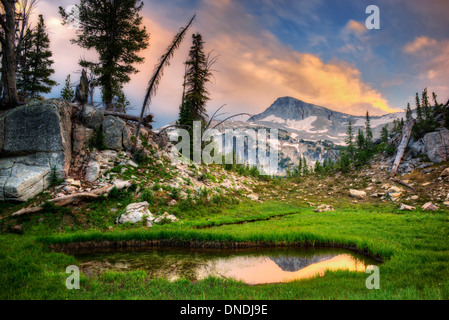 Small pond reflecting Eagle Cap Mountain and sunset clouds. Eagle Cap wilderness, Oregon Stock Photo