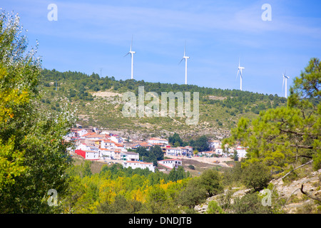 Cuenca San Martin de Boniches village with windmills in early autumn Spain Stock Photo