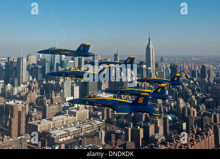 The US Navy Blue Angels flyover New York City in a Delta Formation December 13, 2013 in New York, NY. Stock Photo