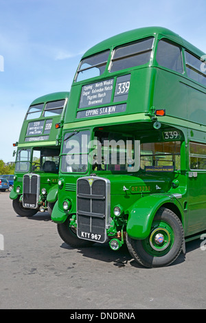 Two of a kind Green Line routemaster buses outside North Weald Station on the Epping Ongar heritage railway Essex England UK Stock Photo