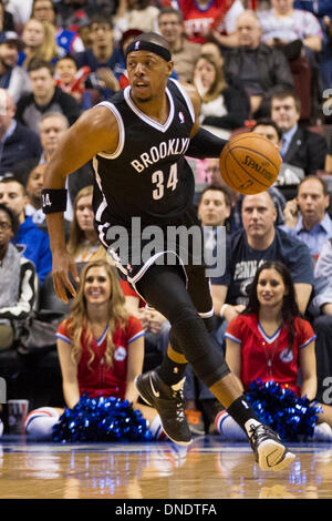 Brooklyn Nets small forward Paul Pierce (34) reacts after being called for  his third personal foul against the Washington Wizards in the first half at  the Verizon Center in Washington, D.C. on
