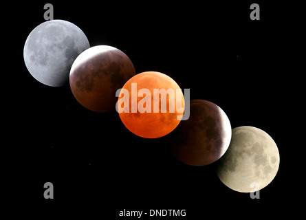 October 27, 2004 - Digital composite of total lunar eclipse taken from Alberta, Canada. Stock Photo