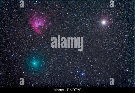 Comet Hartley 2 near the Pacman Nebula, NGC 281, in Cassiopeia. The bright star Alpha Cas (Schedar) is visible at upper right. Stock Photo