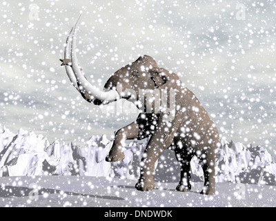 Mammoth walking through a blizzard on mountain. Stock Photo