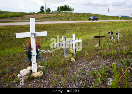 Roadside memorial crosses near Cochrane, Alberta, Canada. Stock Photo