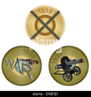 Set of badges with small arms on the background of the back side of the liner. Illustration on white background. Stock Photo