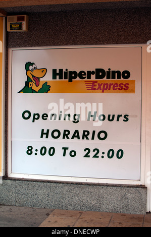 Supermarket opening hours, Morro Jable, Fuerteventura, Canary Islands, Spain. Stock Photo