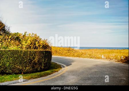 View of the ocean from a country road in the fall on Nantucket Cape Cod Massachusetts with copy space and vintage retro feel. Stock Photo