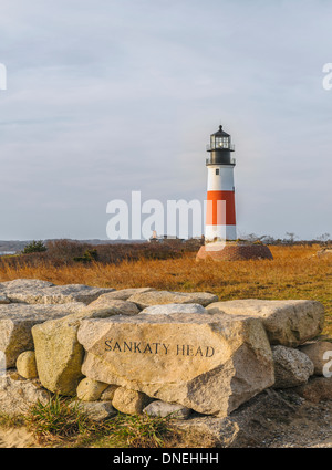 Sankaty Head Lighthouse white red stripe autumn fall Nantucket island Cape Cod Massachusetts USA chiseled stone wall with name Stock Photo