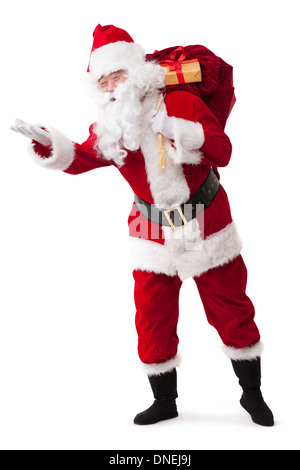 Santa Claus carrying sack of gifts and waving