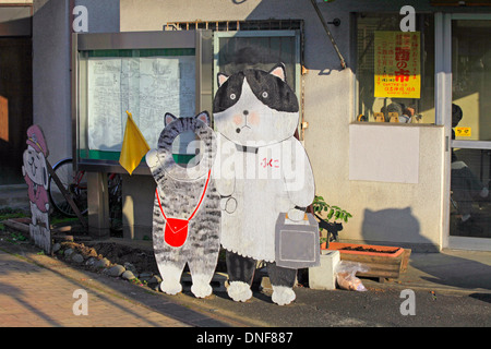 Manga cat plate boards at a shopping street in a town Ome city Tokyo Japan Stock Photo