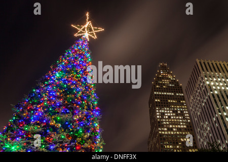 Christmas tree lights in downtown Houston, Texas, at night. Stock Photo