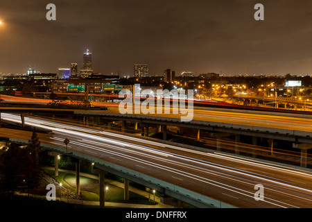 Streaking car lights at night on Interstate 45 in downtown Houston, Texas. Stock Photo