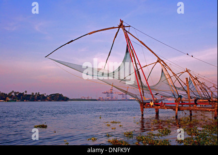 Chinese fishing nets at a fishing harbor, Fort Kochi, Kochi, Kerala, India Stock Photo